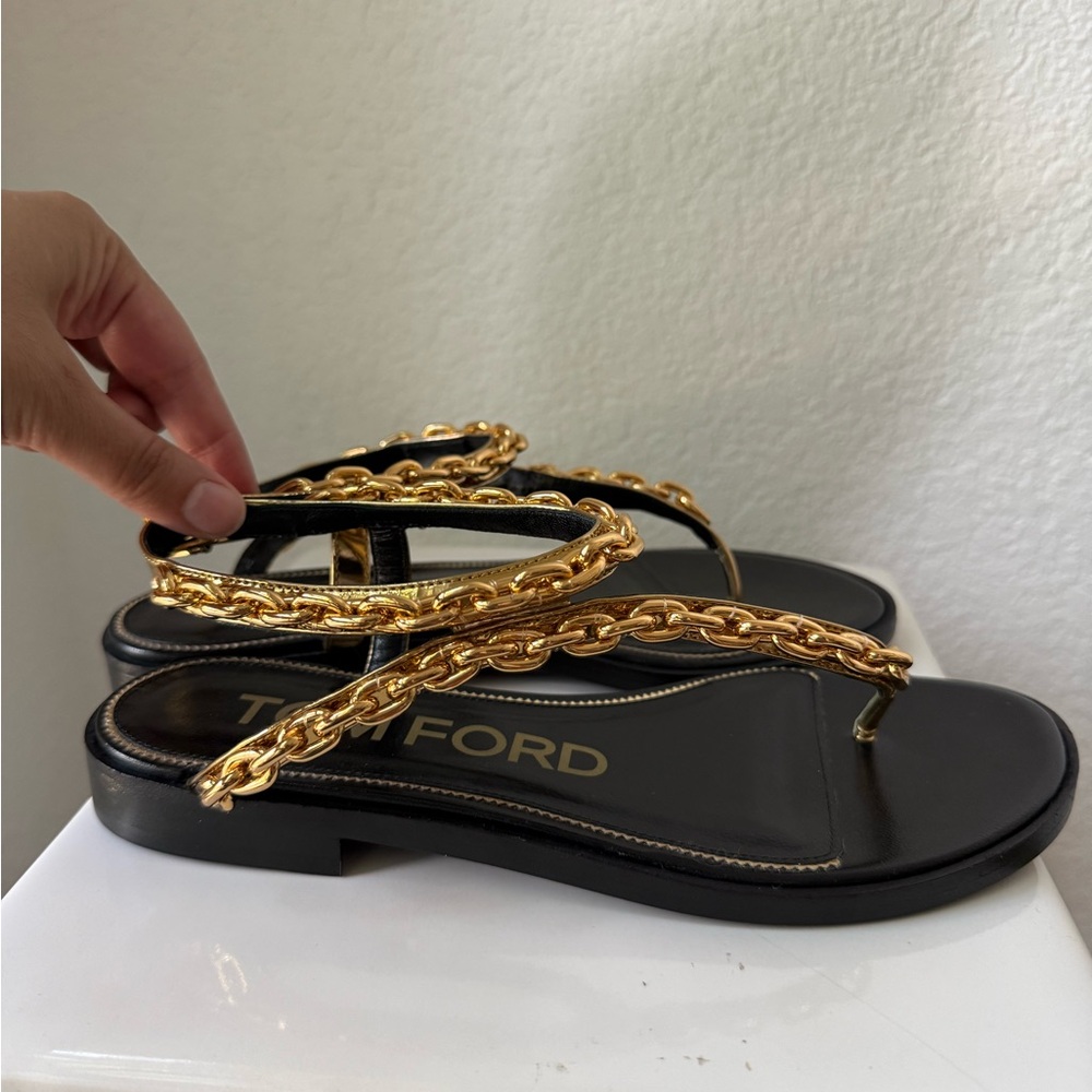 Tom Ford MIRROR LEATHER CURVE CHAIN THONG SANDAL Size 37 - Picture 13 of 14